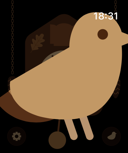 The bird lunging huge out of the cuckoo clock on Apple Watch, filling the whole screen