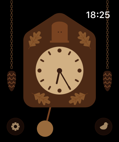 The cuckoo clock face on Apple Watch, with pinecone weights hanging on chains